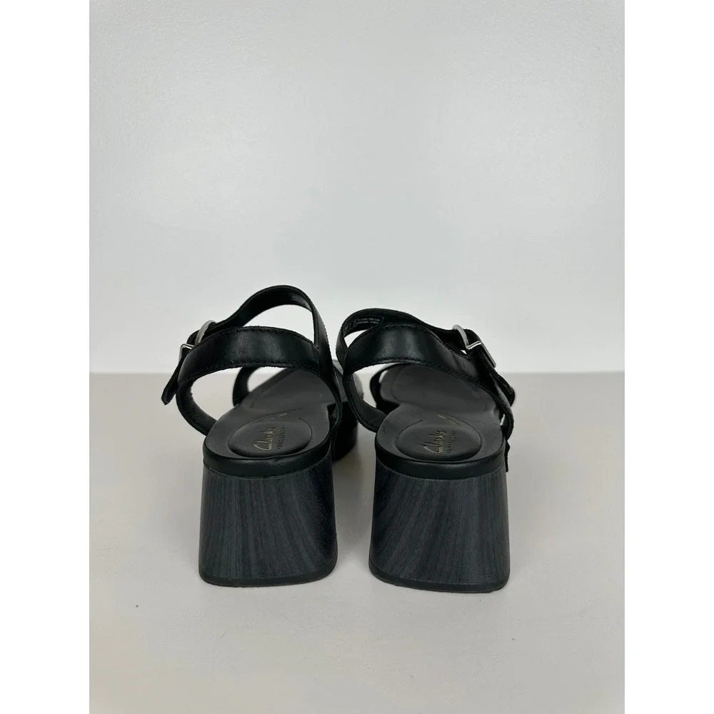 Clarks Signature Black Leather Platform Sandals Block Heel Sz 8M Y2K Ankle Strap